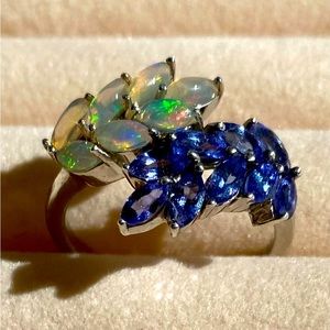 ETHIOPIAN WELLO OPAL and AAA TANZANITE Ring Platinum over Sterling Silver